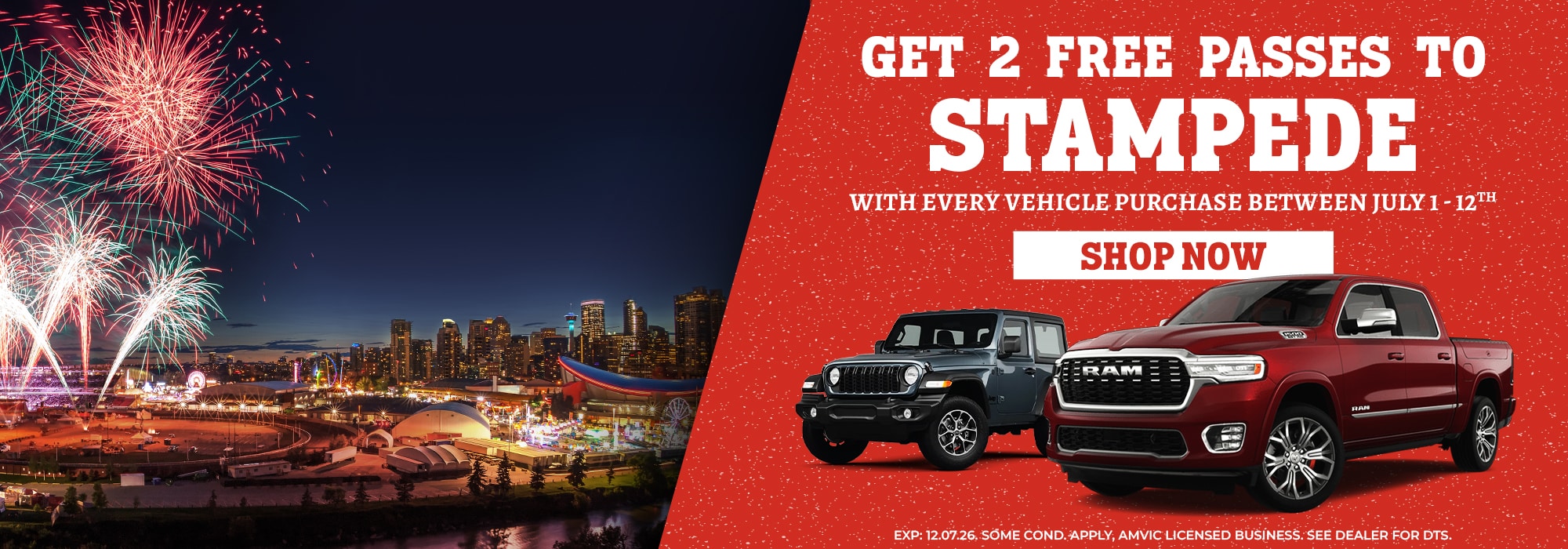 Fireworks over a cityscape promoting two free Stampede passes with vehicle purchase; two SUVs displayed.
