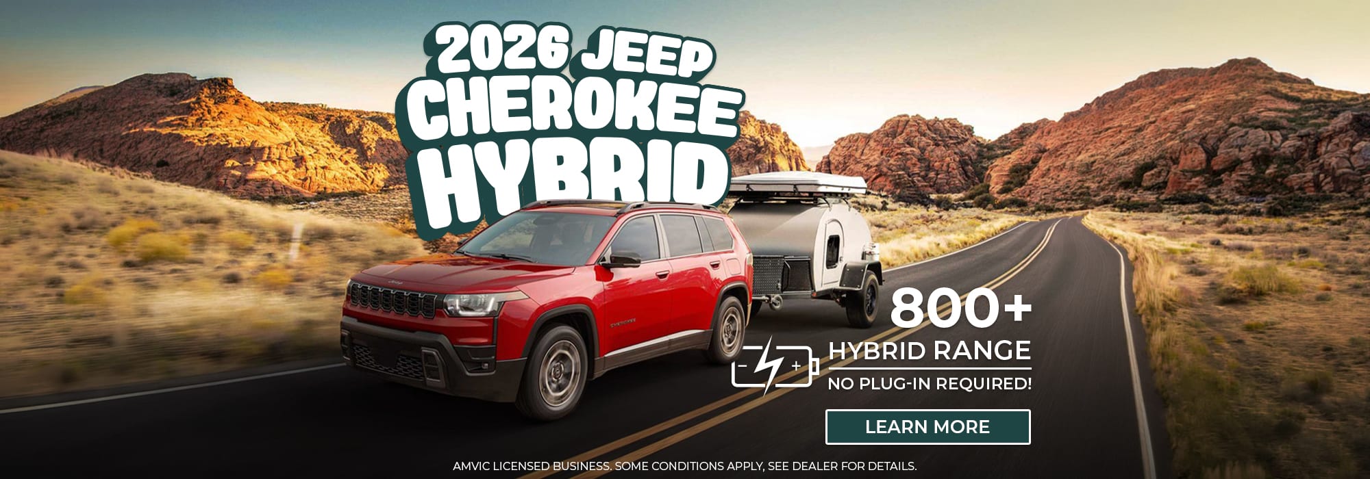 Red 2026 Jeep Cherokee Hybrid towing a trailer in desert, promoting 800+ mile hybrid range.