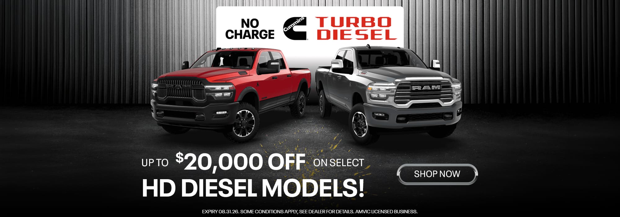 Red and gray RAM trucks with "No Charge Turbo Diesel" offer, up to $20,000 off on HD Diesel models. Shop now.