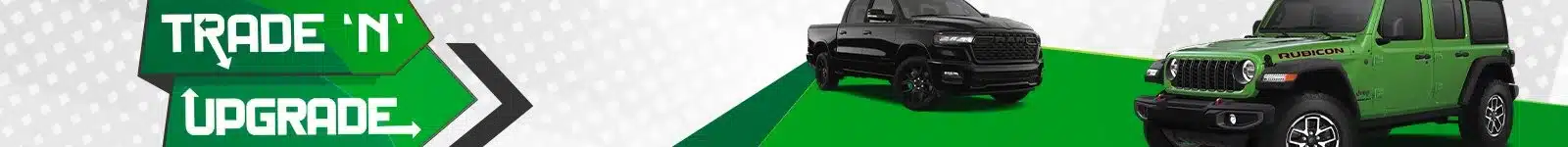 Banner with "Trade 'N' Upgrade" text, featuring a black truck and green SUV on a geometric background.