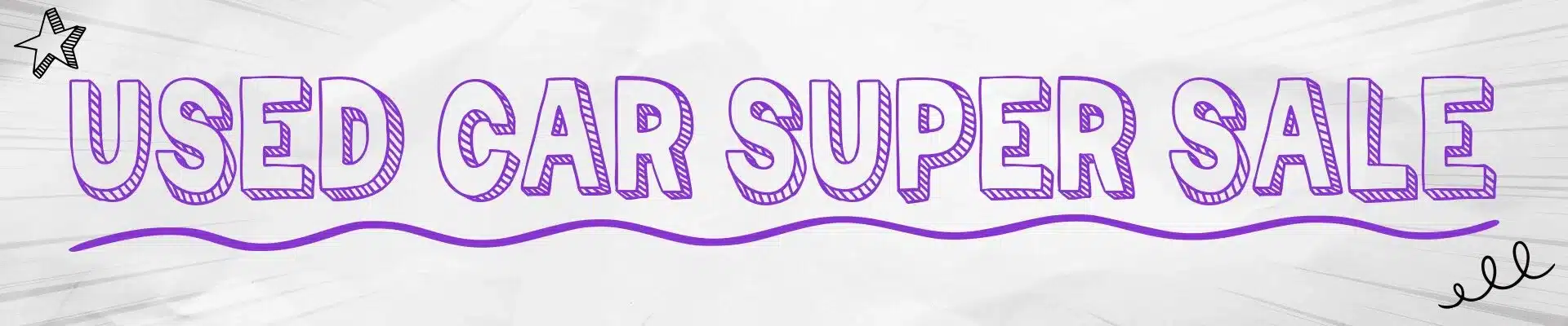 Purple text reading "Used Car Super Sale" with decorative stars and lines.