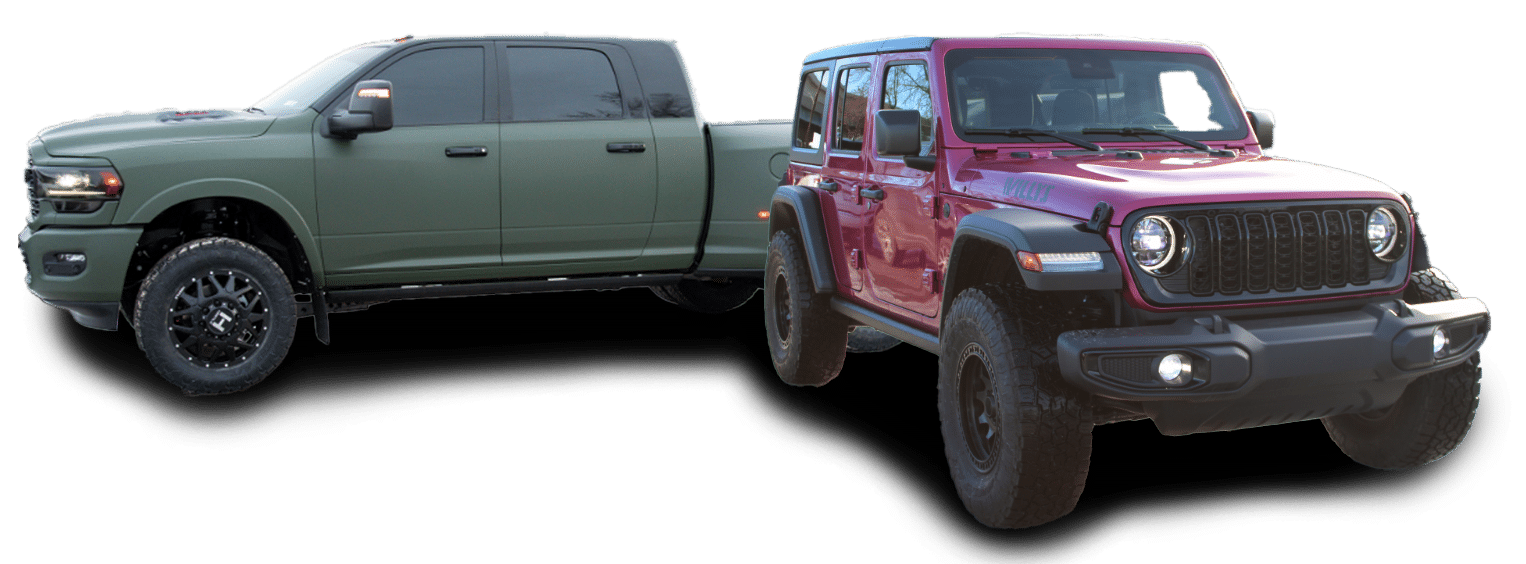 Green pickup truck and red SUV showcased against a white background.