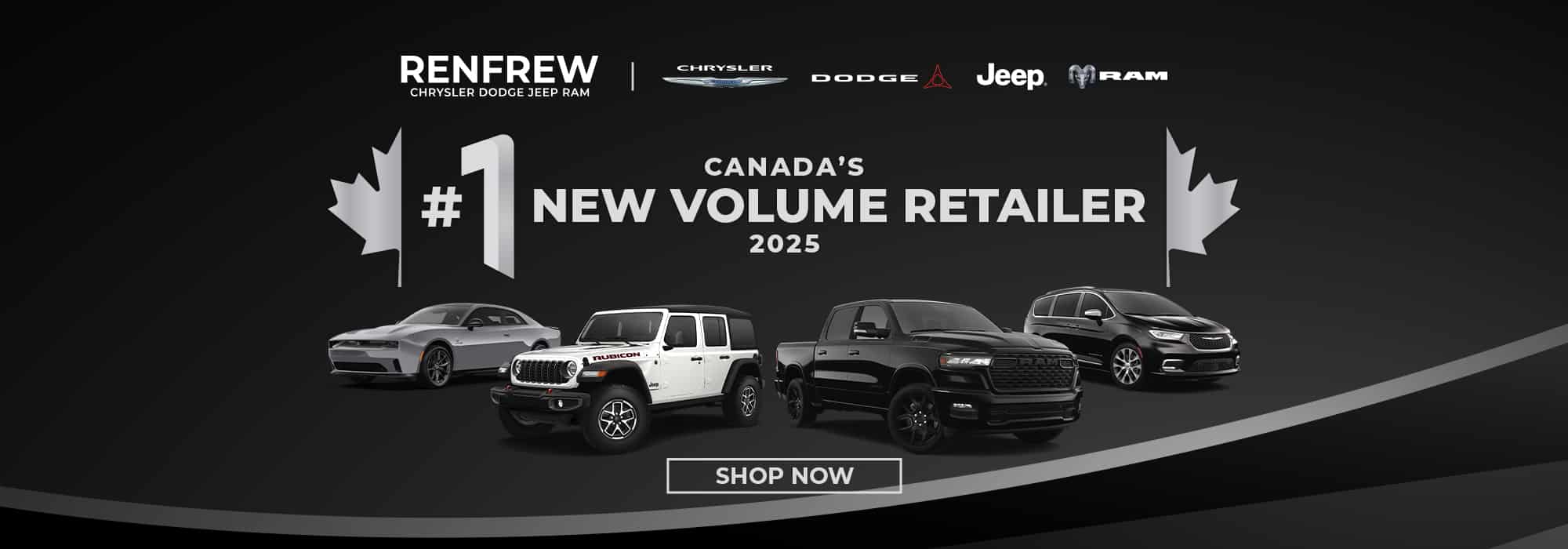 Renfrew Chrysler Jeep Dodge Ram ad featuring vehicles, labeled "#1 New Volume Retailer 2025." Cars displayed below.