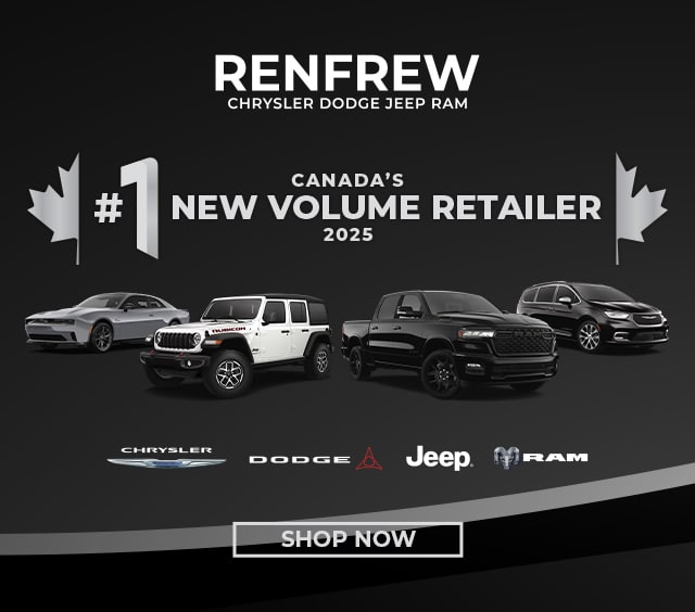 Renfrew Chrysler Dodge Jeep Ram ad highlighting 2025 top retailer status with vehicle lineup.