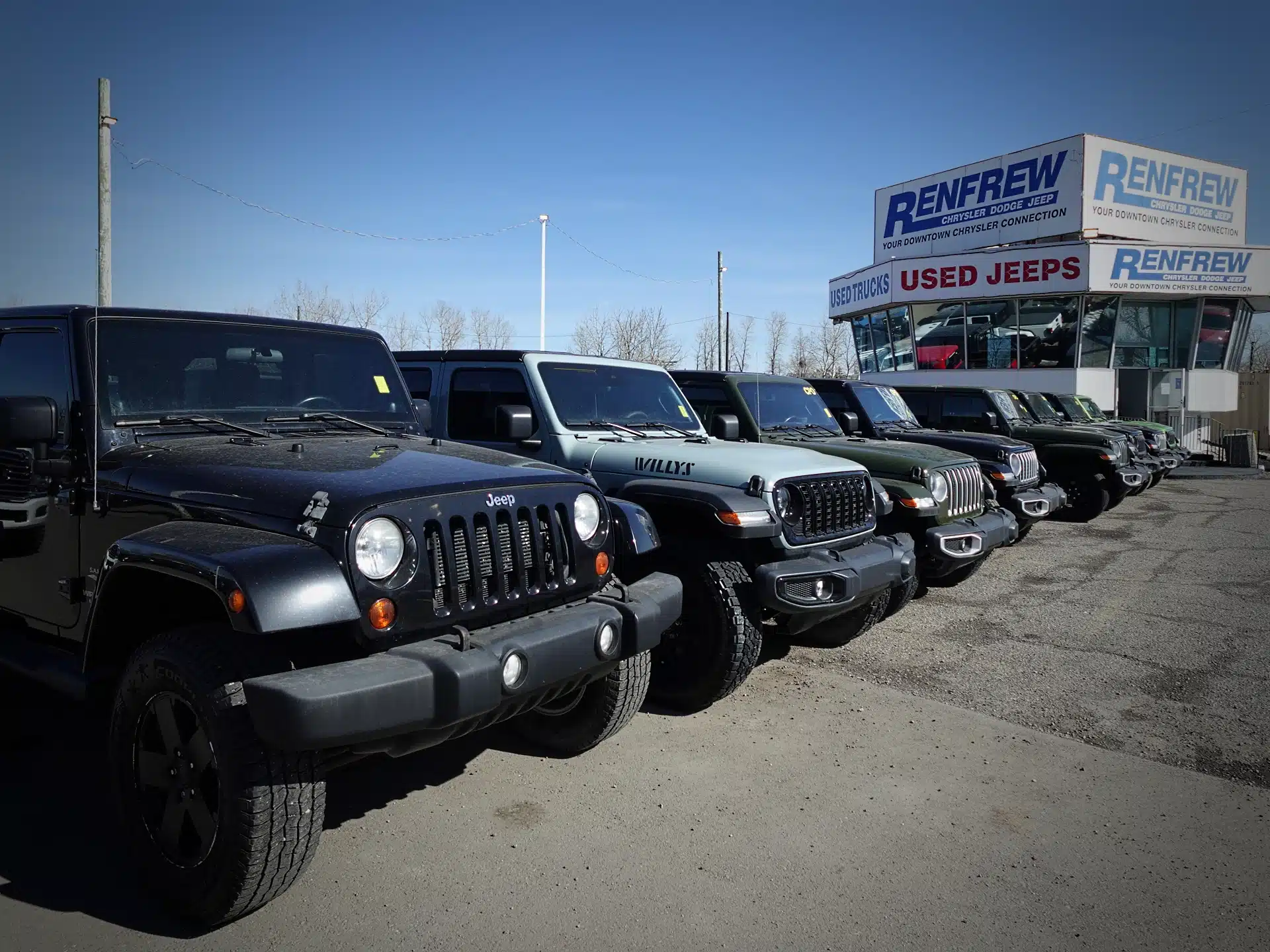 Lineup of used Jeeps parked at a car dealership under clear blue skies.