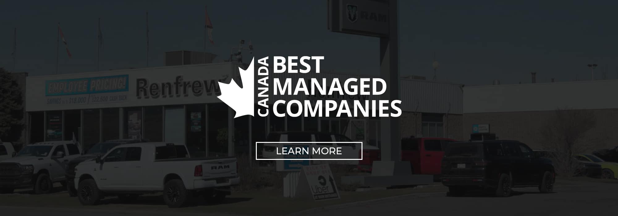 Canada Best Managed Companies logo over a dealership with vehicles and "Learn More" button.