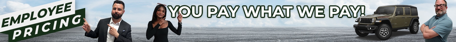 Employee pricing promotion with two people and a green SUV under a cloudy sky backdrop.